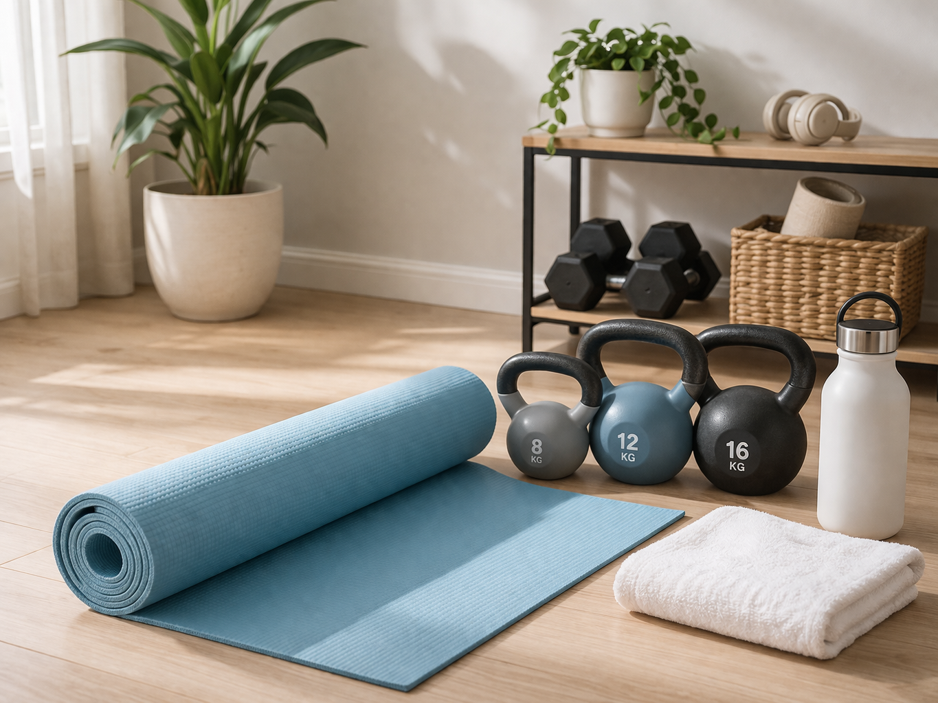 A clean, modern home workout setup featuring a light blue yoga mat rolled on the floor next to neatly stacked kettlebells and a white towel, soft diffused lighting, 4k