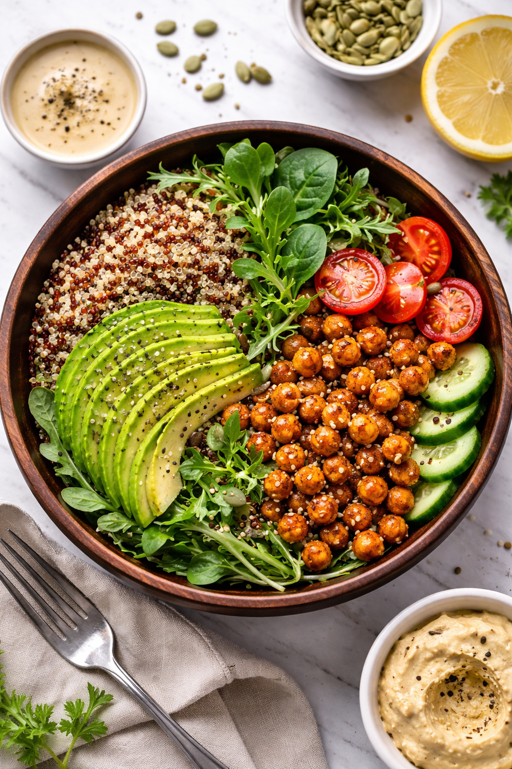 A dark wooden bowl containing a vibrant, fresh superfood salad with quinoa, sliced avocado, roasted chickpeas, and fresh greens, professional food photography, top-down perspective